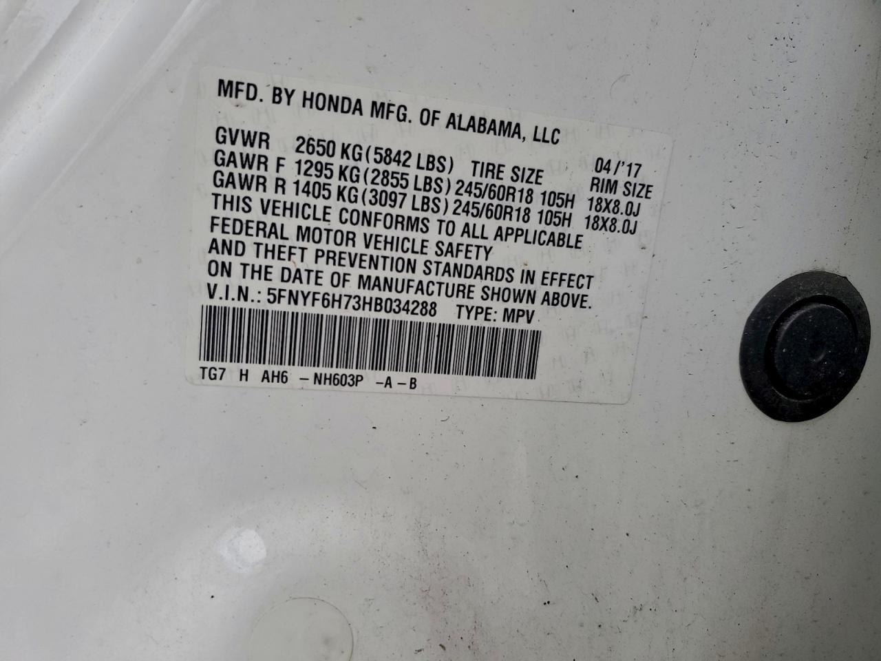 2017 Honda Pilot Exln VIN: 5FNYF6H73HB034288 Lot: 94161825