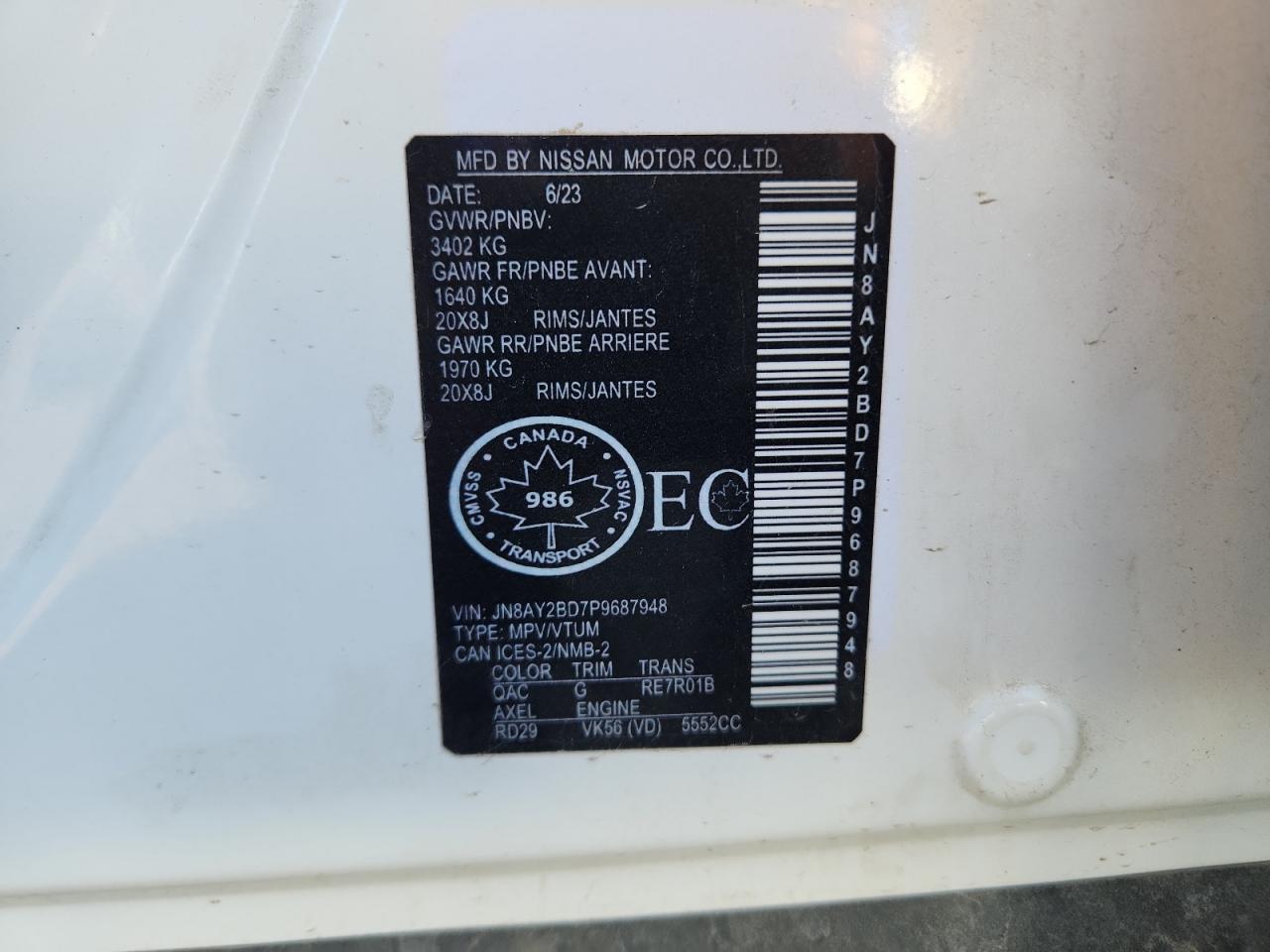 2023 Nissan Armada Sl VIN: JN8AY2BD7P9687948 Lot: 93770755