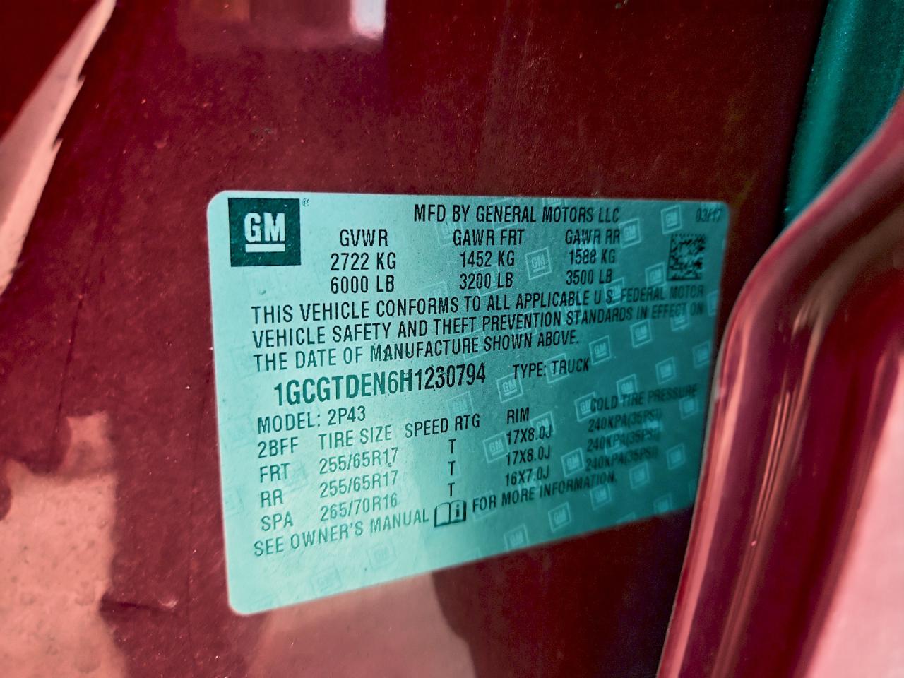 2017 Chevrolet Colorado Z71 VIN: 1GCGTDEN6H1230794 Lot: 94310505