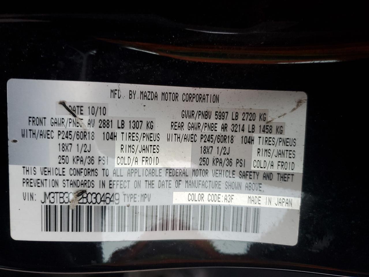 2011 Mazda Cx-9 VIN: JM3TB3CV2B0304649 Lot: 91908465