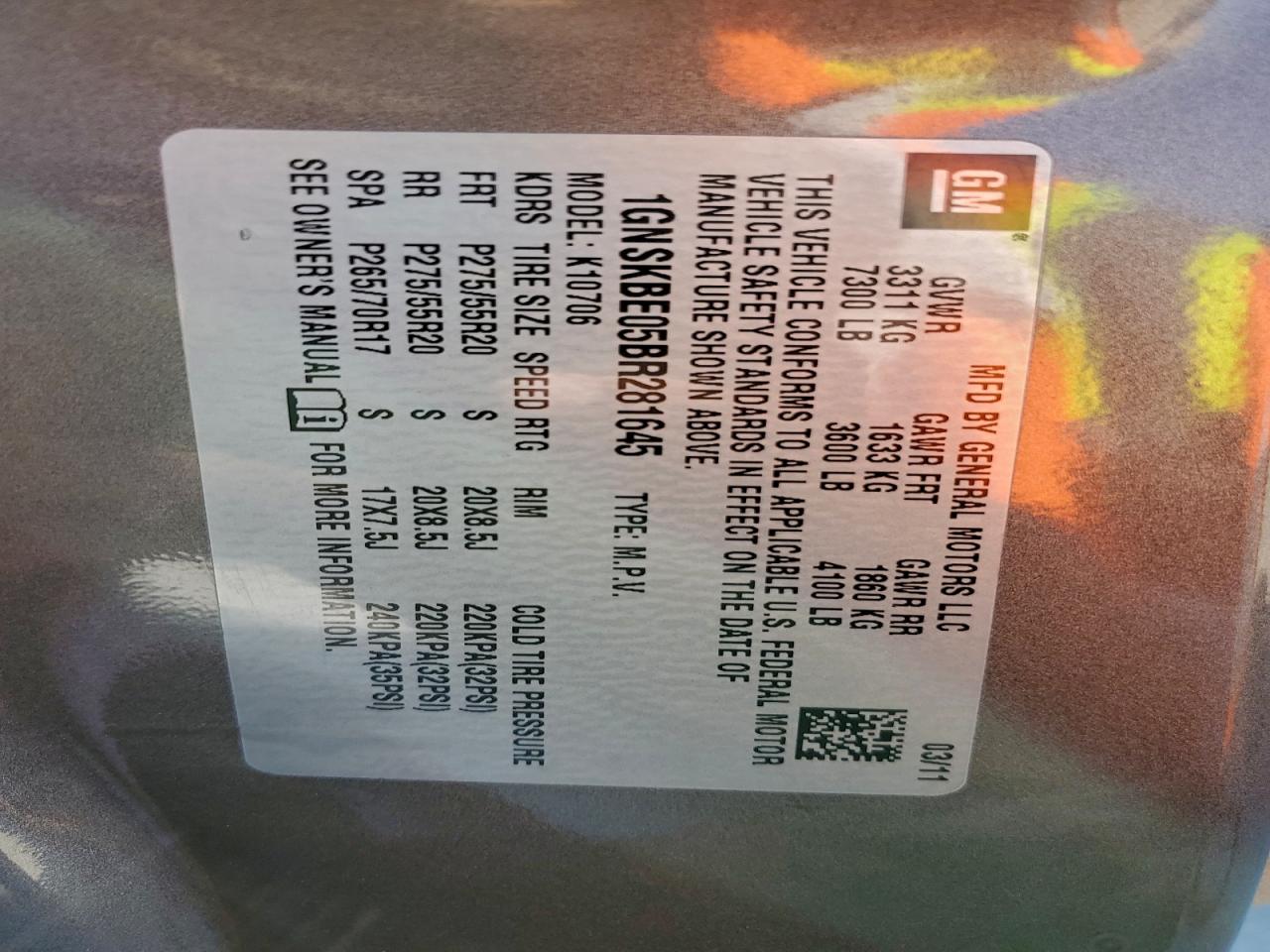 2011 Chevrolet Tahoe K1500 Lt VIN: 1GNSKBE05BR281645 Lot: 94725695