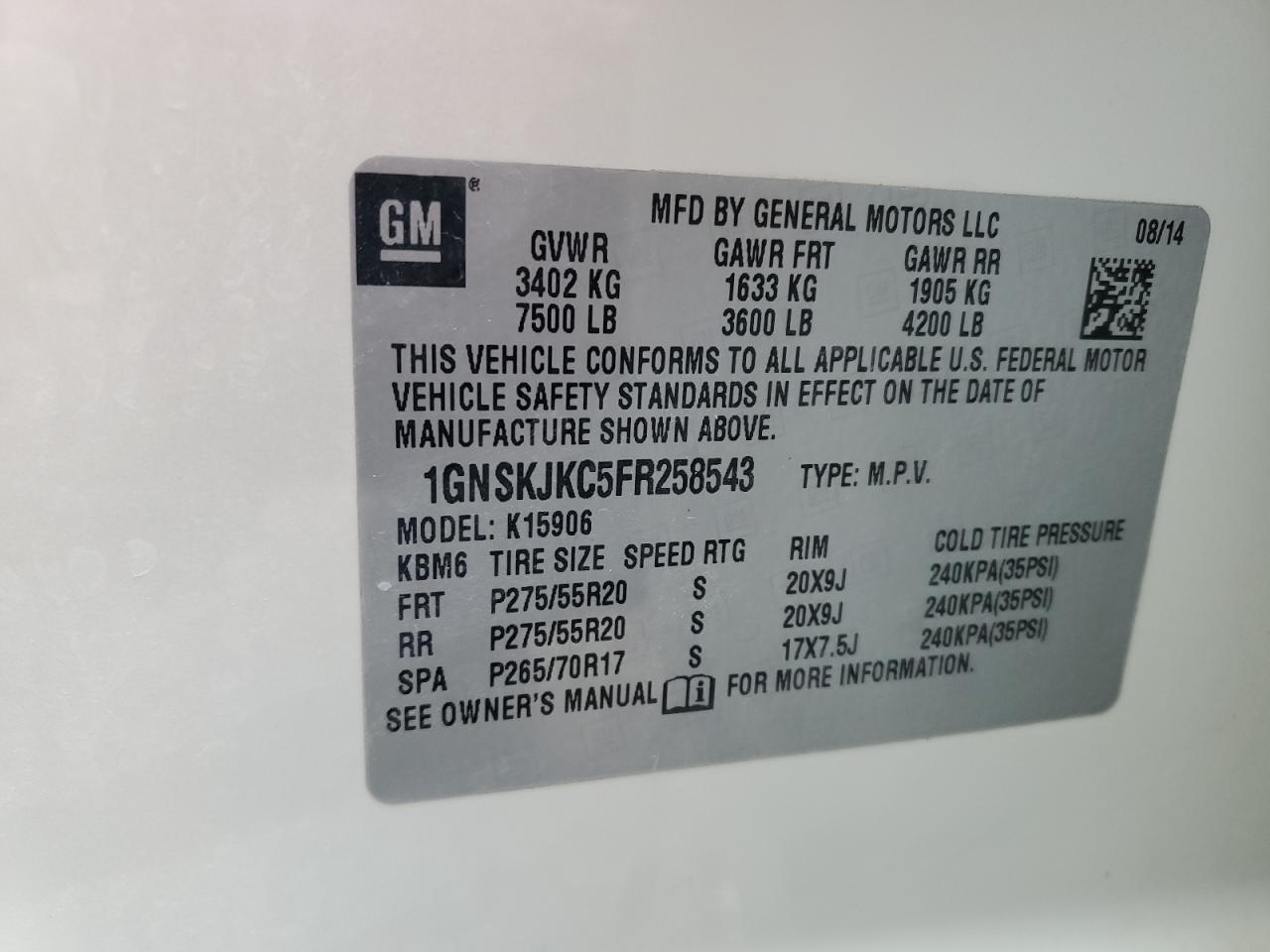 2015 Chevrolet Suburban K1500 Lt VIN: 1GNSKJKC5FR258543 Lot: 92045365