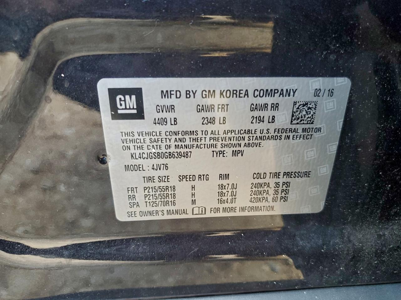 2016 Buick Encore VIN: KL4CJGSB0GB639487 Lot: 93611505