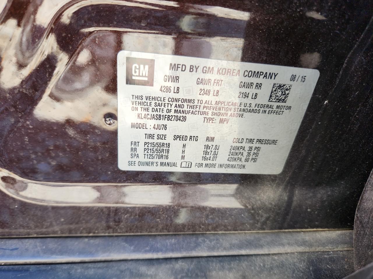 2015 Buick Encore VIN: KL4CJASB1FB270439 Lot: 91740835