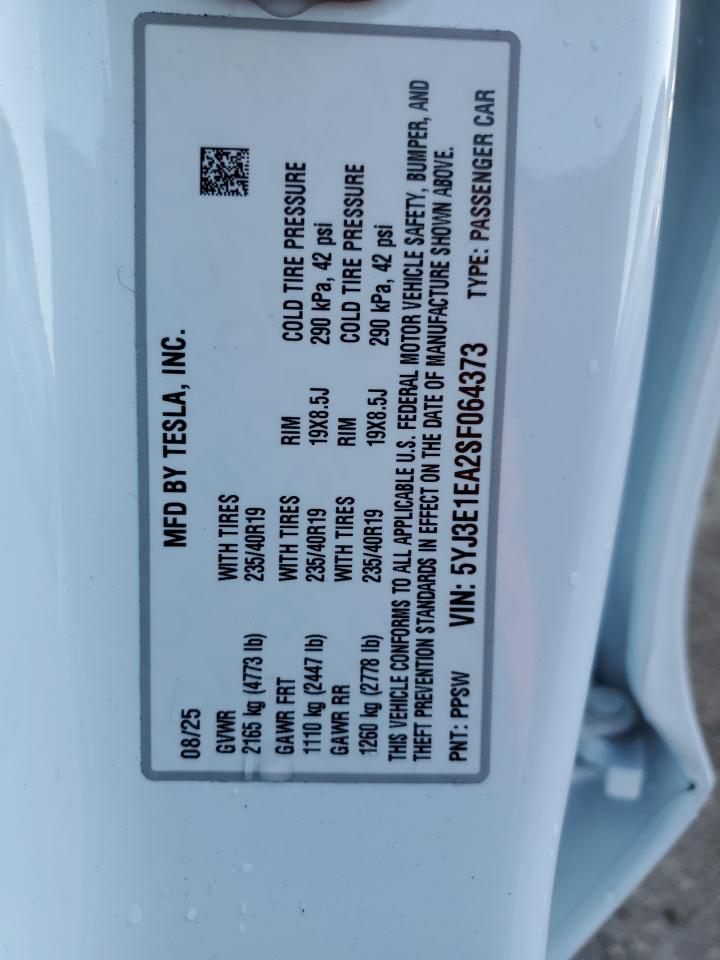 2025 Tesla Model 3 VIN: 5YJ3E1EA2SF064373 Lot: 93341075