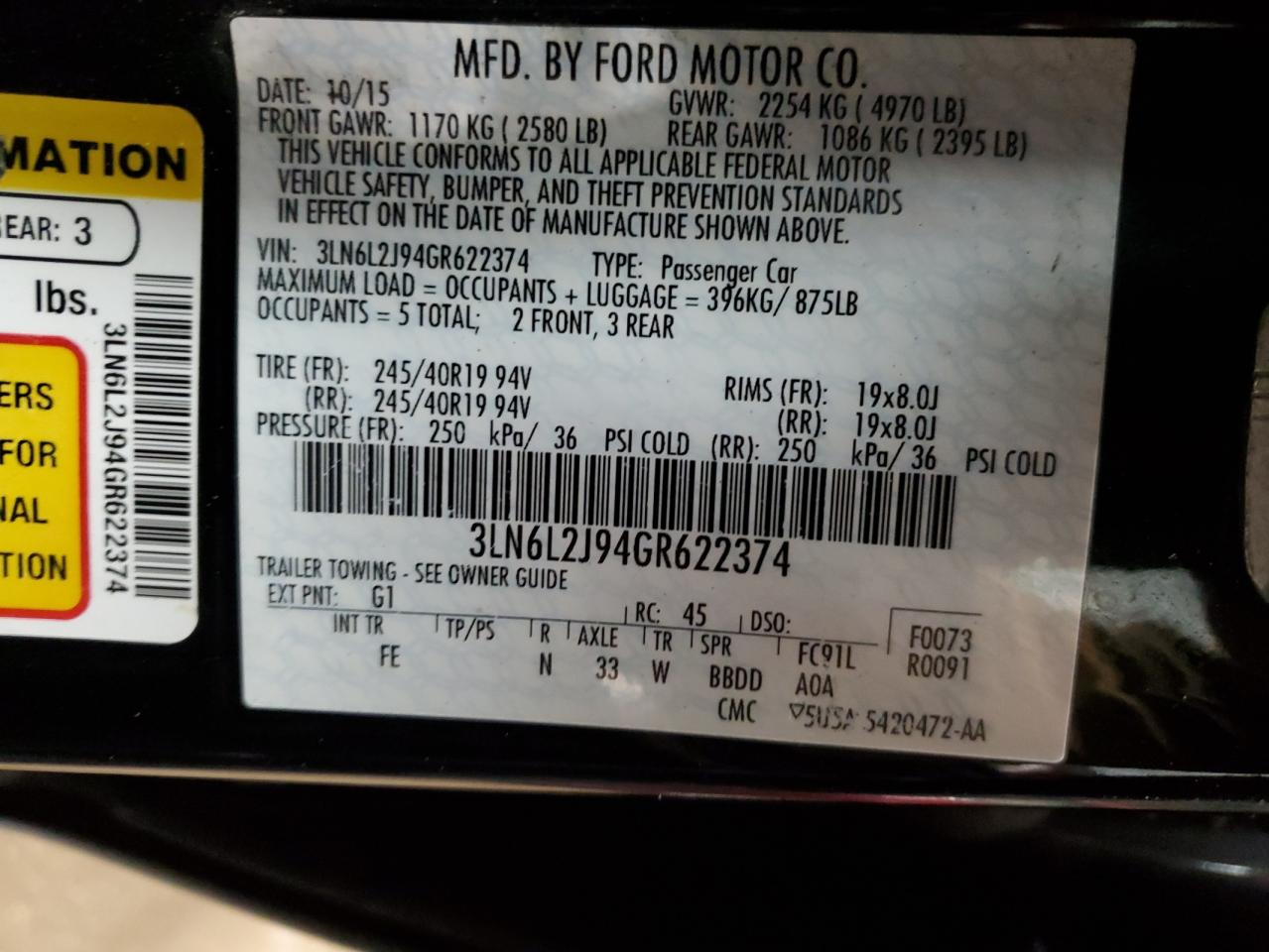 2016 Lincoln Mkz VIN: 3LN6L2J94GR622374 Lot: 92301775