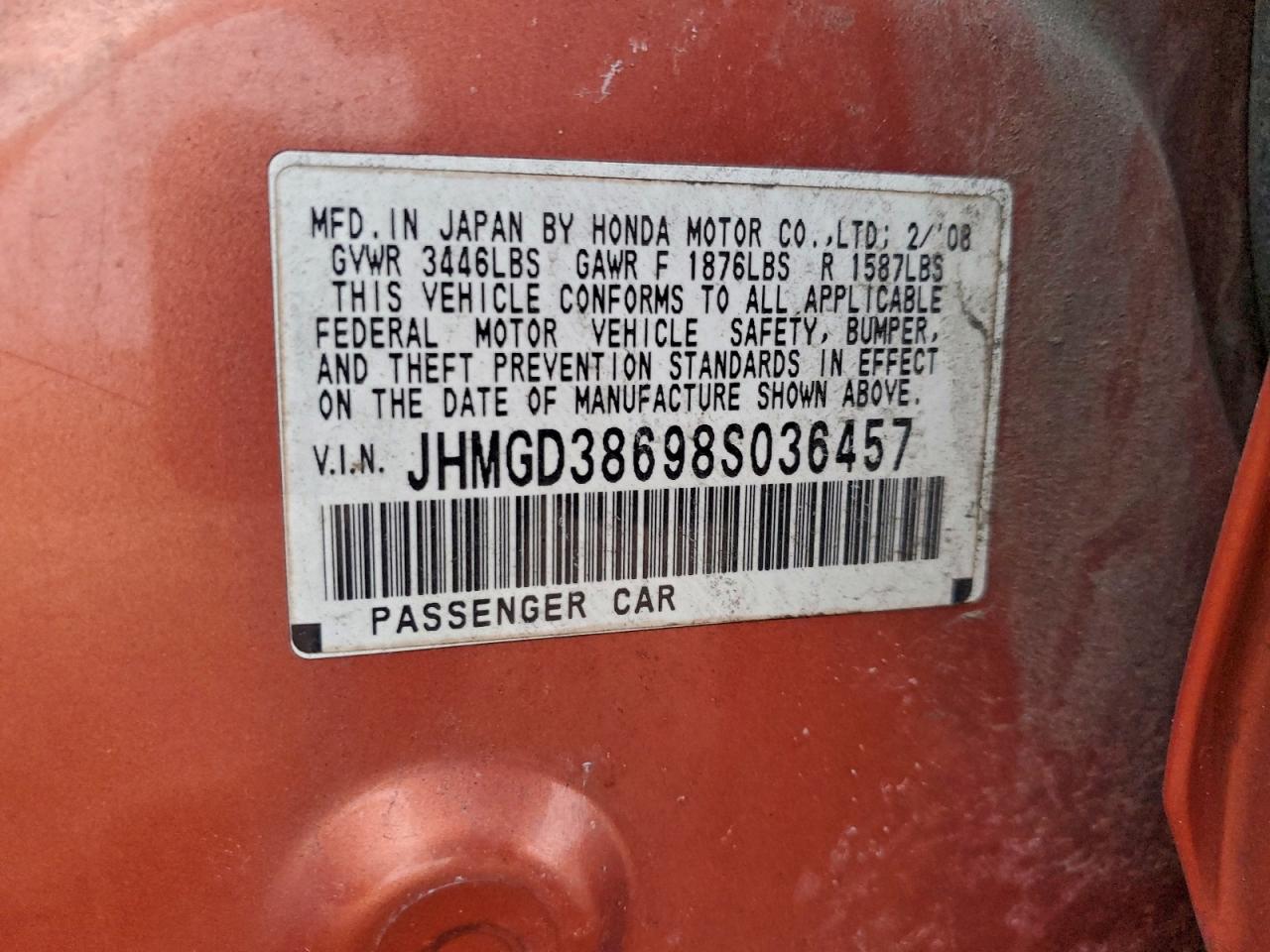 2008 Honda Fit Sport VIN: JHMGD38698S036457 Lot: 93921805