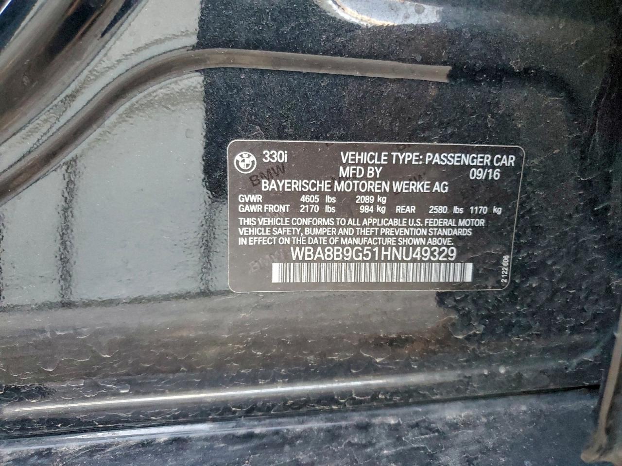 2017 BMW 330 I VIN: WBA8B9G51HNU49329 Lot: 94064905