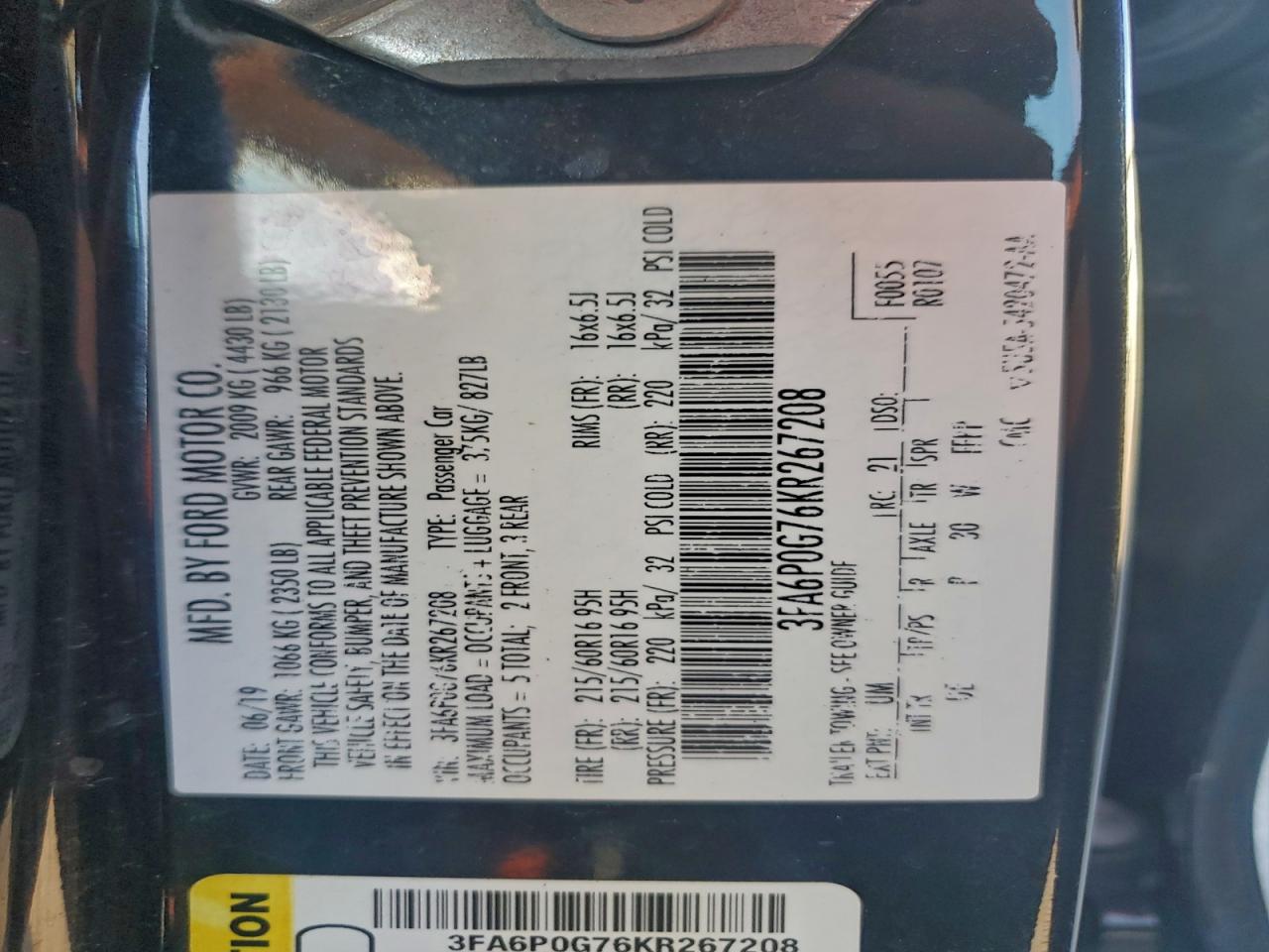 2019 Ford Fusion S VIN: 3FA6P0G76KR267208 Lot: 94218985