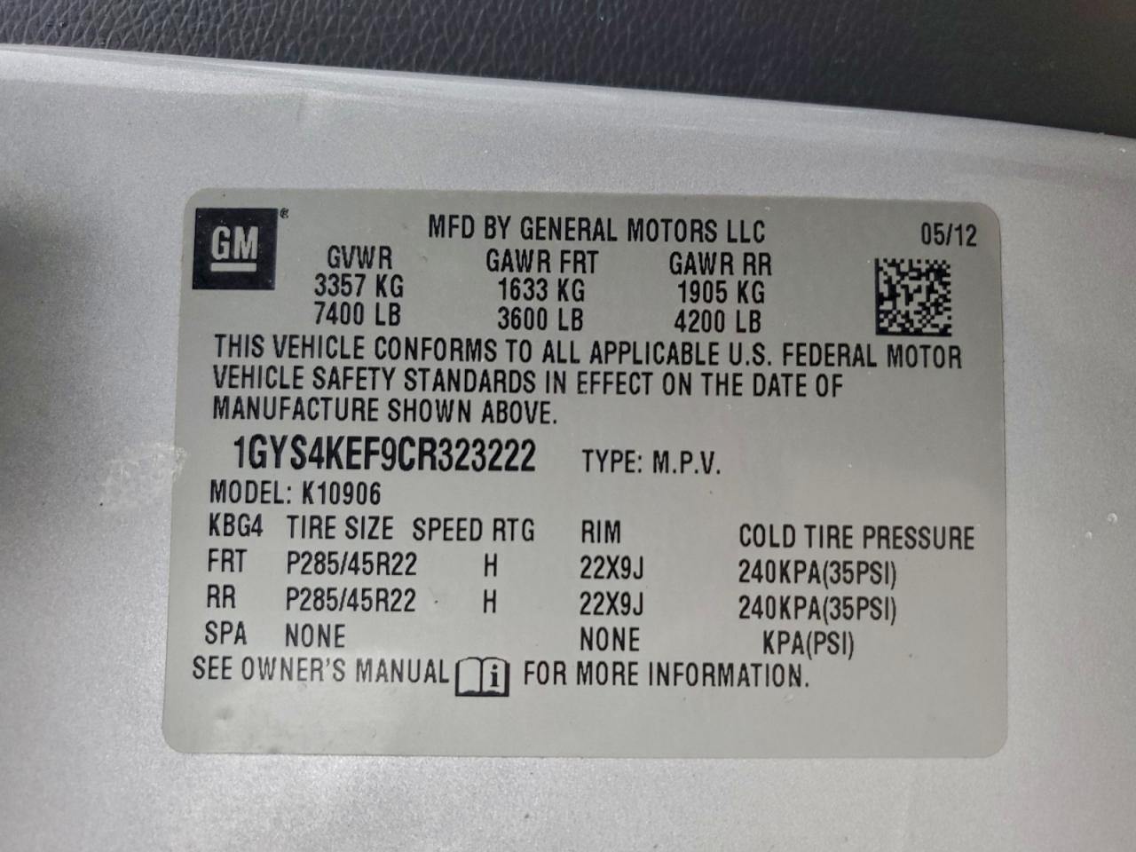 2012 Cadillac Escalade Esv Platinum VIN: 1GYS4KEF9CR323222 Lot: 94326125