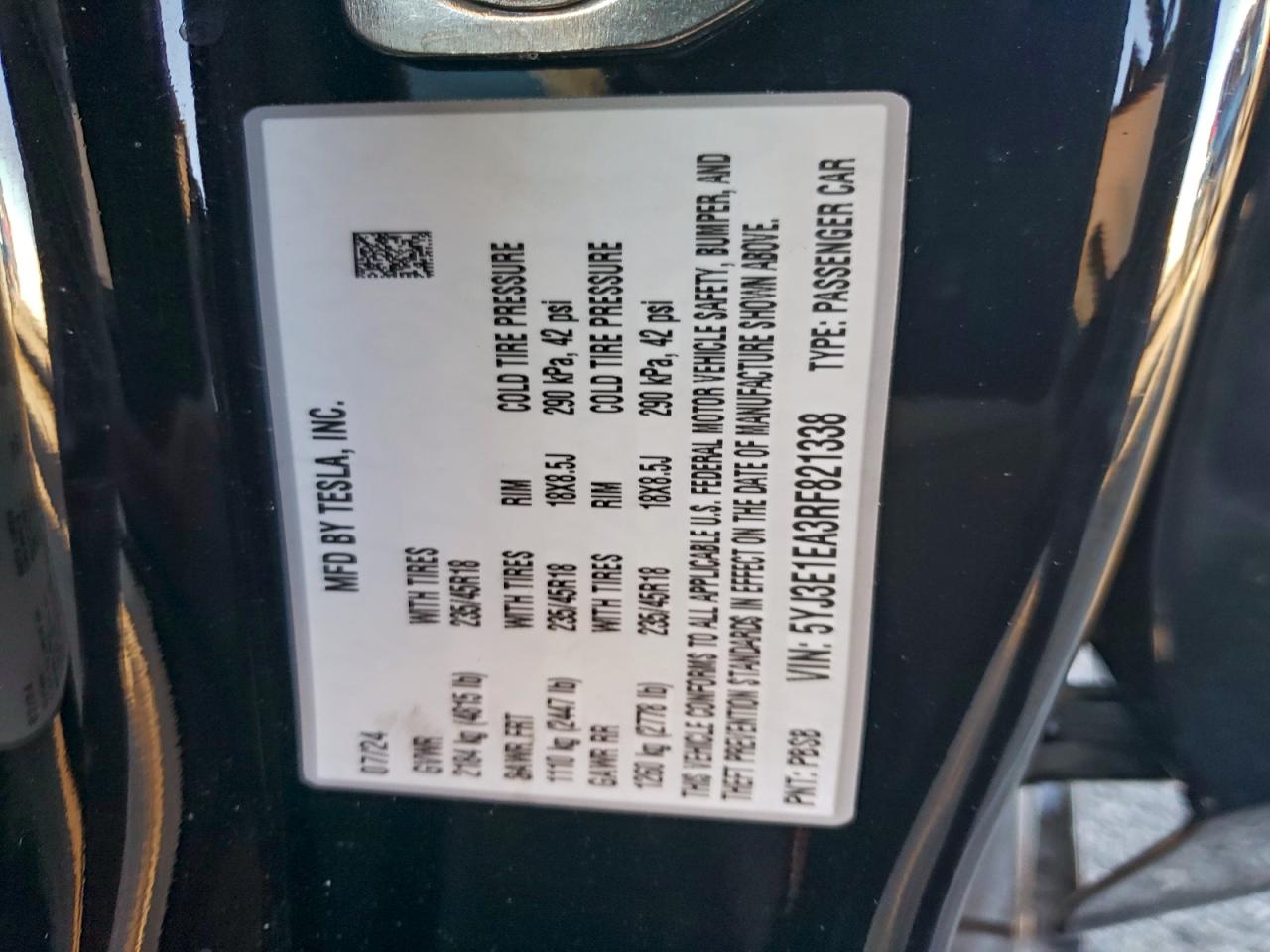 2024 Tesla Model 3 VIN: 5YJ3E1EA3RF821338 Lot: 93614705