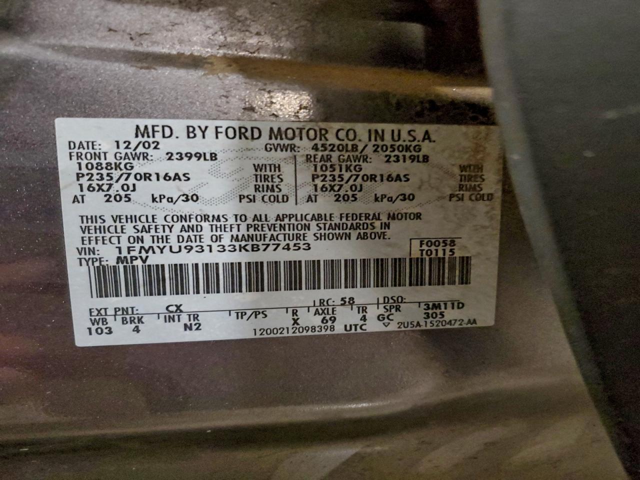 2003 Ford Escape Xlt VIN: 1FMYU93133KB77453 Lot: 93885915