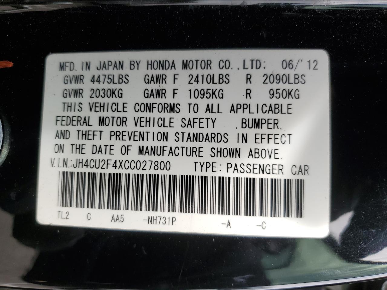 2012 Acura Tsx VIN: JH4CU2F4XCC027800 Lot: 92449295