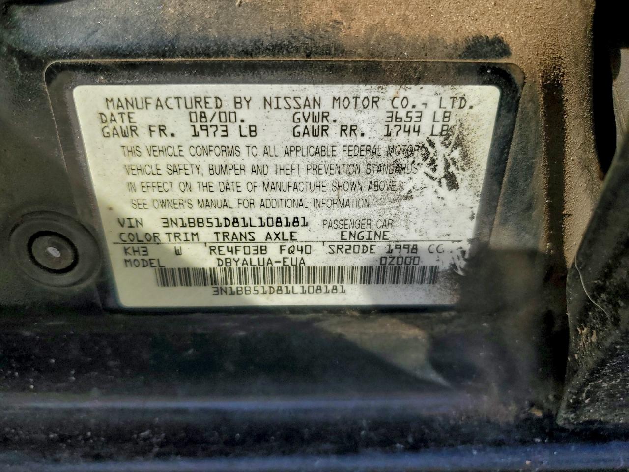 2001 Nissan Sentra Se VIN: 3N1BB51D81L108181 Lot: 94042845