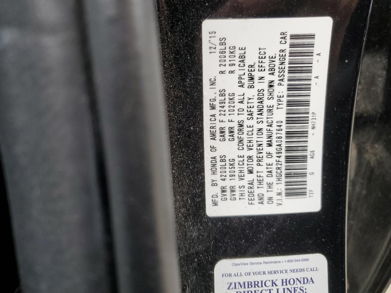 2016 Honda Accord Lx VIN: 1HGCR2F49GA087640 Lot: 92879285