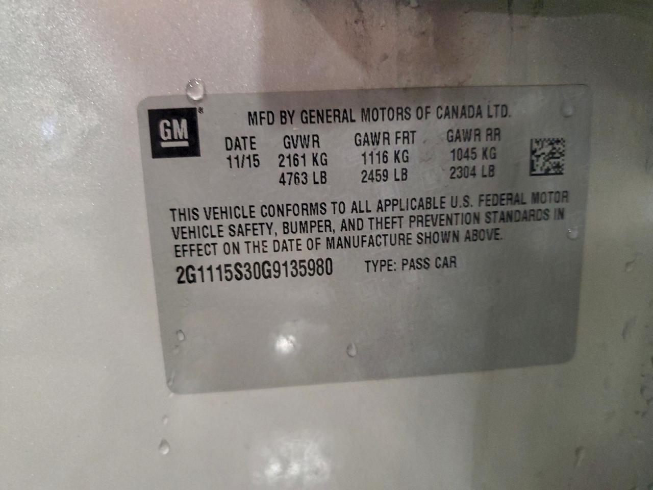 2016 Chevrolet Impala Lt VIN: 2G1115S30G9135980 Lot: 94687225