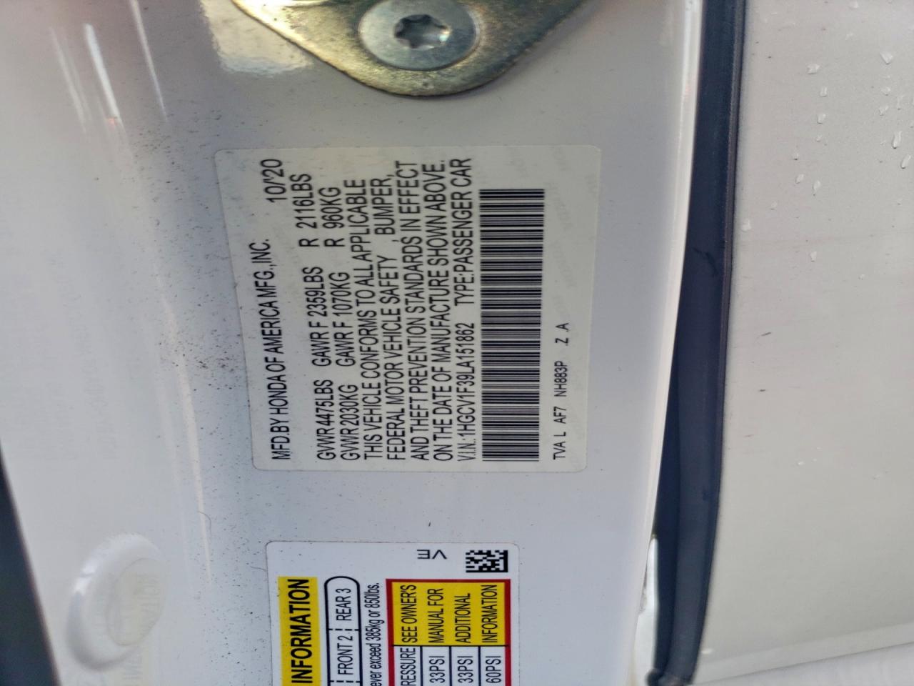 2020 Honda Accord Sport VIN: 1HGCV1F39LA151862 Lot: 93745975