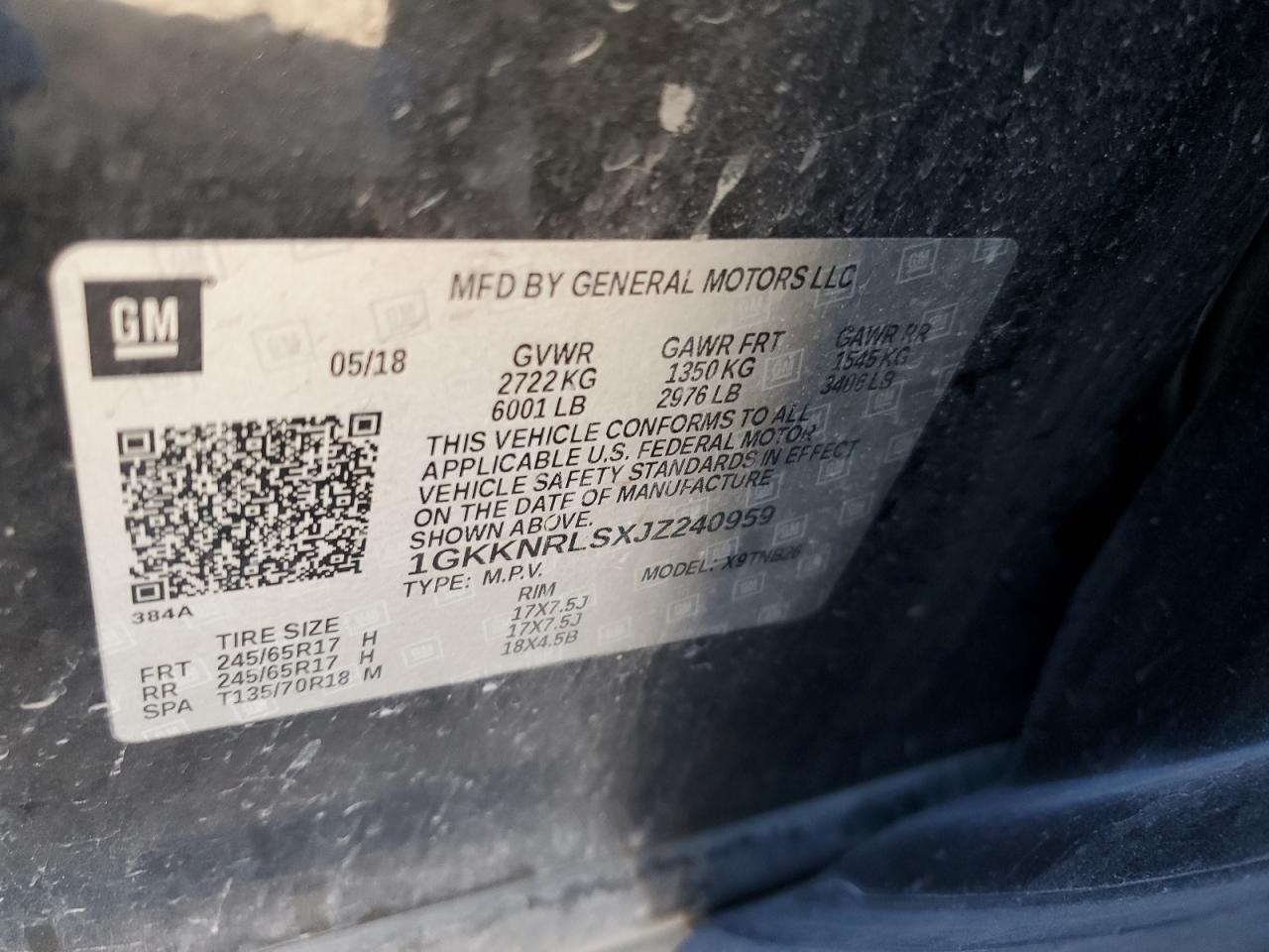 2018 GMC Acadia Sle VIN: 1GKKNRLSXJZ240959 Lot: 90744065