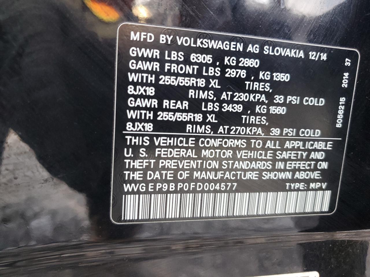 2015 Volkswagen Touareg V6 Tdi VIN: WVGEP9BP0FD004577 Lot: 92015355