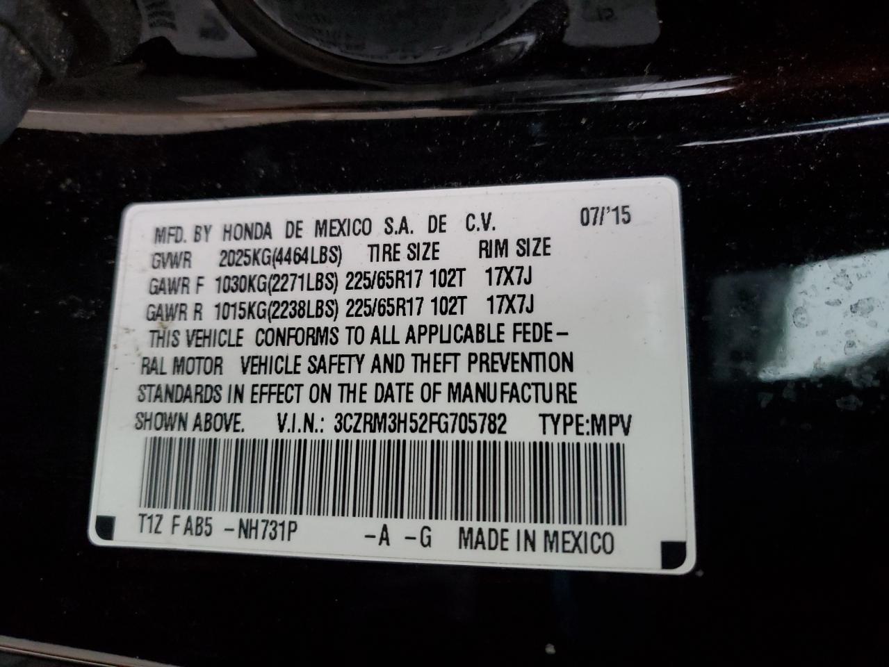 2015 Honda Cr-V Ex VIN: 3CZRM3H52FG705782 Lot: 92807035