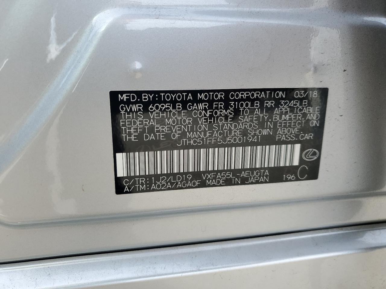 2018 Lexus Ls 500 Base VIN: JTHC51FF5J5001941 Lot: 92352545