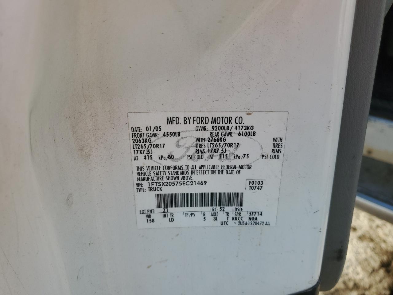 2005 Ford F250 Super Duty VIN: 1FTSX20575EC21469 Lot: 91672165