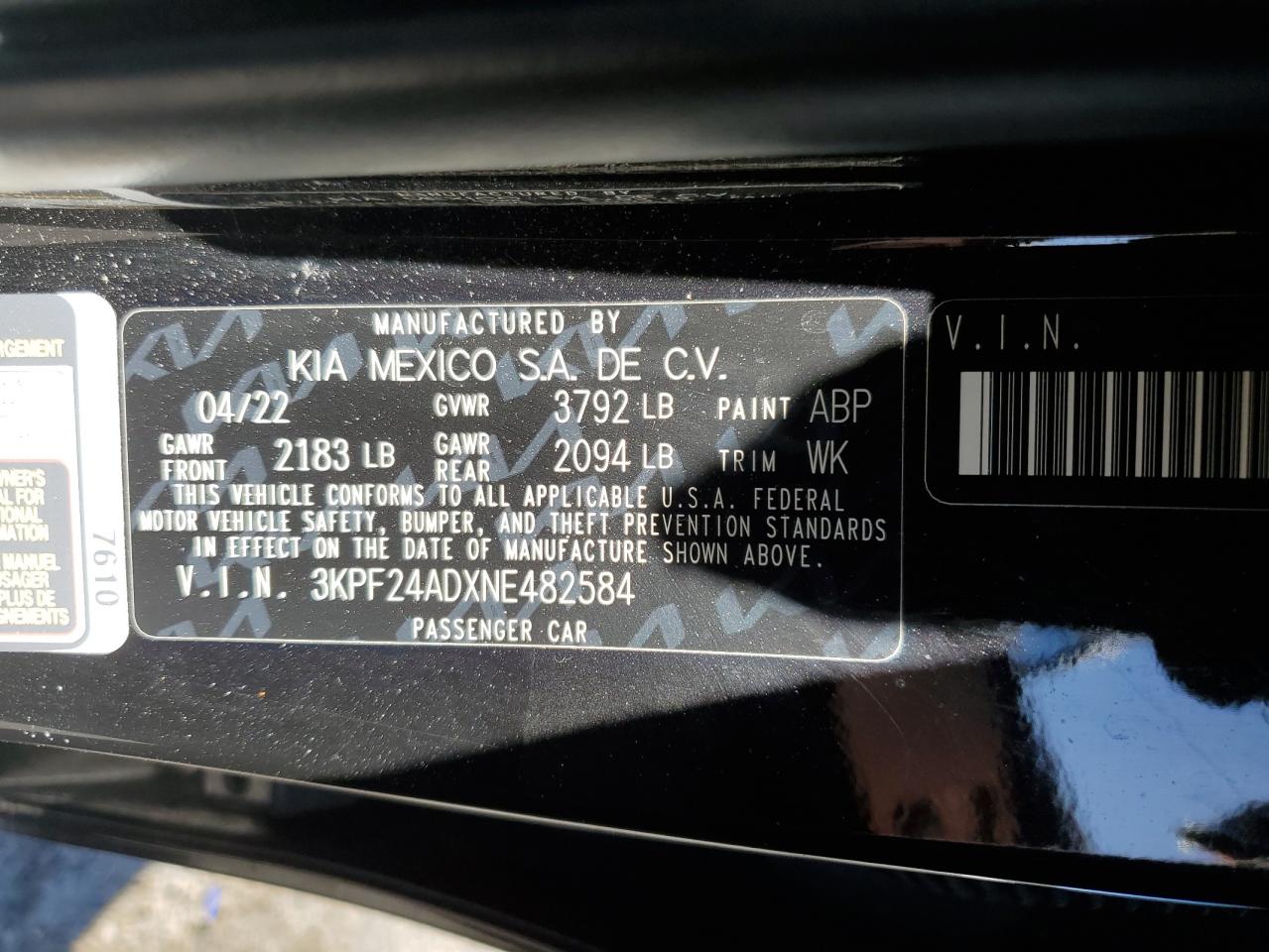 2022 Kia Forte Fe VIN: 3KPF24ADXNE482584 Lot: 92311515