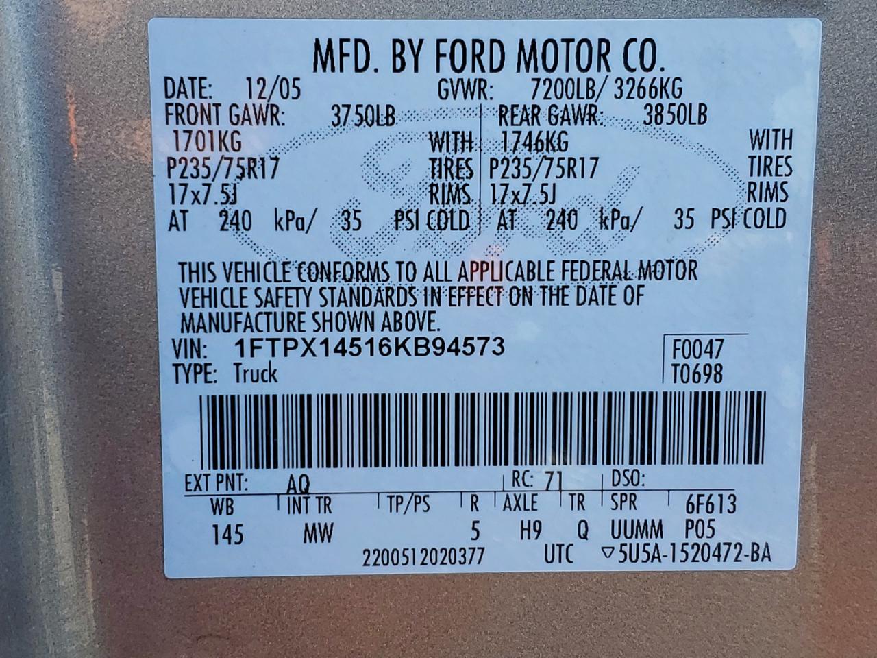 2006 Ford F150 VIN: 1FTPX14516KB94573 Lot: 94500525