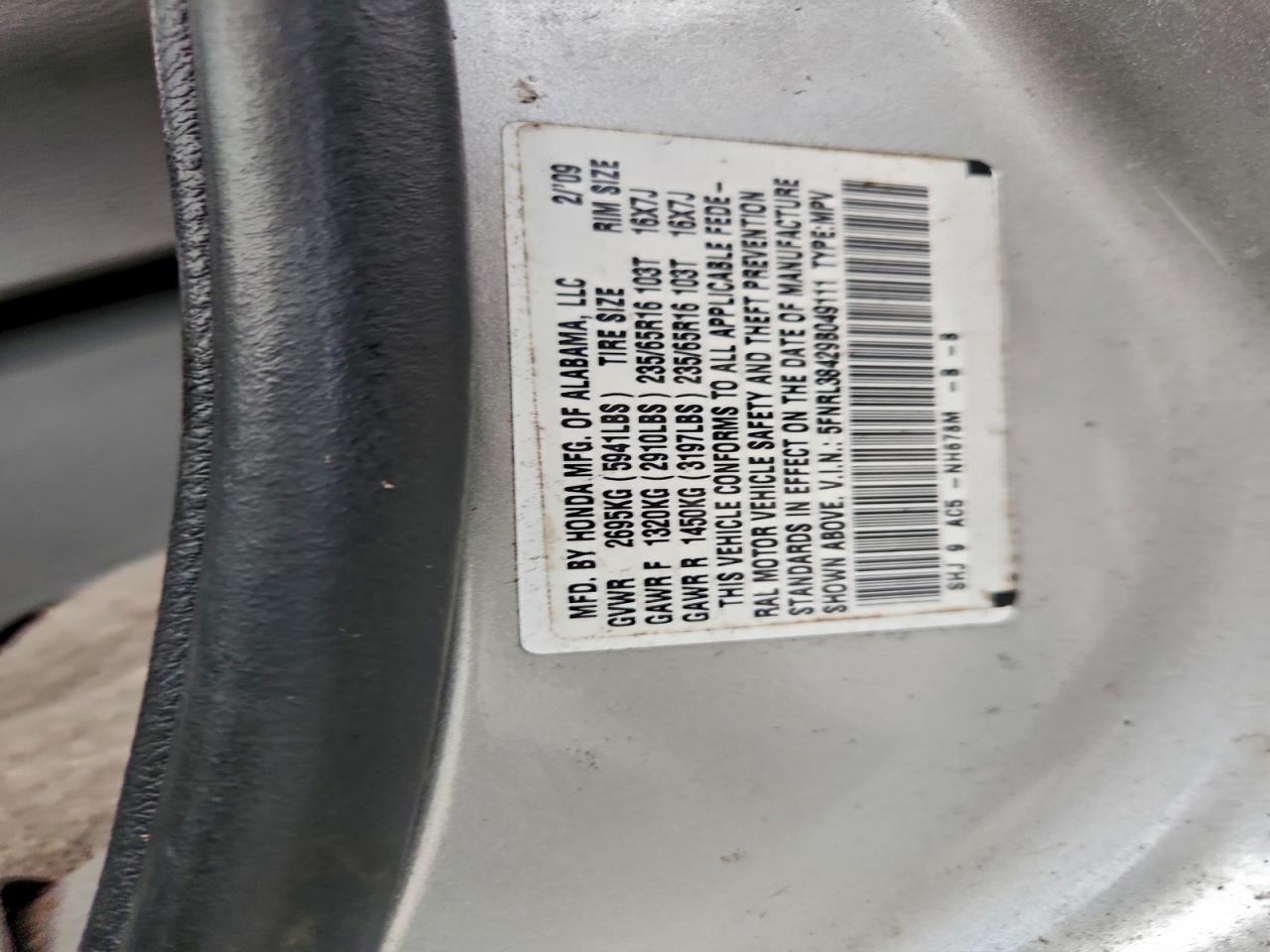 2009 Honda Odyssey Ex VIN: 5FNRL38429B049111 Lot: 94098215