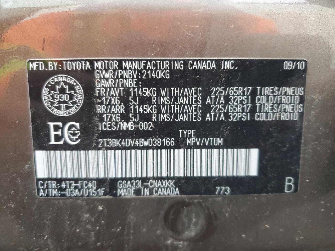 2011 Toyota Rav4 VIN: 2T3BK4DV4BW038166 Lot: 92645285