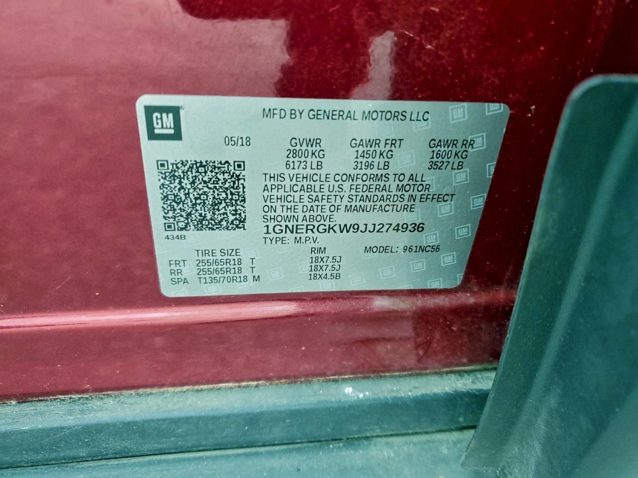 2018 Chevrolet Traverse Lt VIN: 1GNERGKW9JJ274936 Lot: 94064695