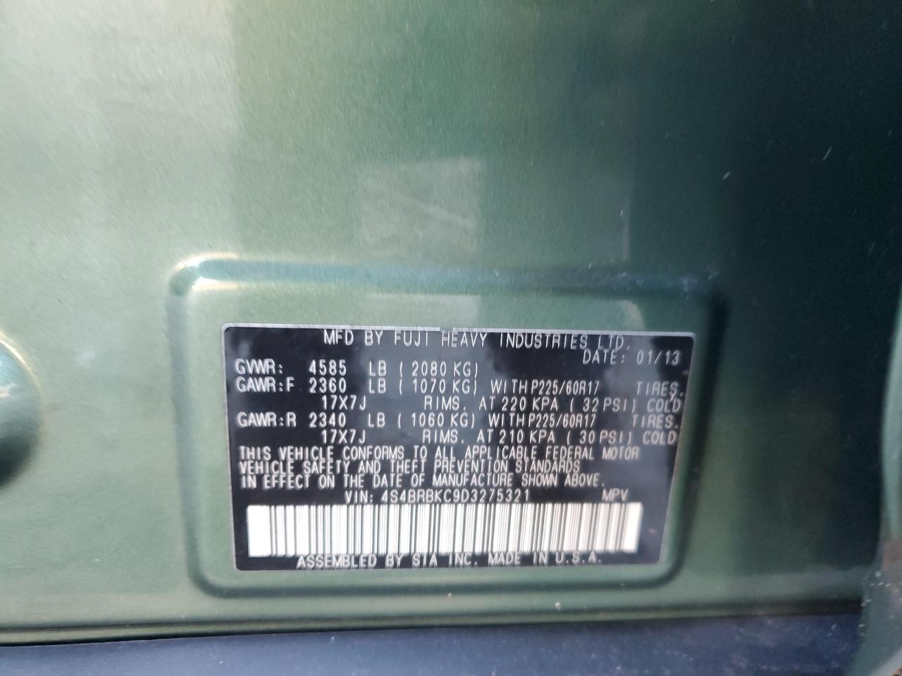 2013 Subaru Outback 2.5I Limited VIN: 4S4BRBKC9D3275321 Lot: 93033935