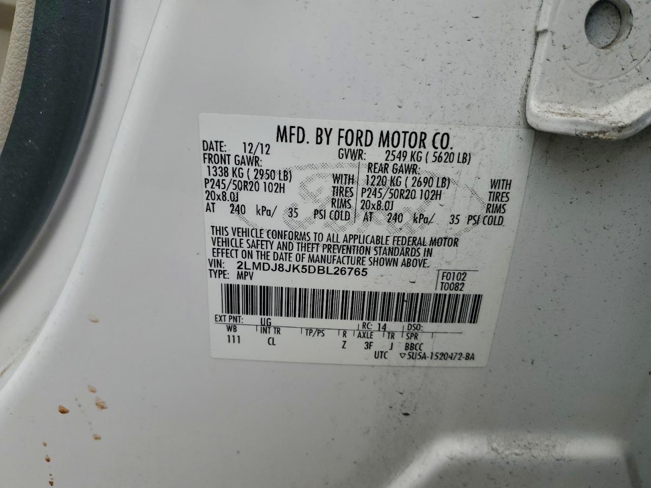 2013 Lincoln Mkx VIN: 2LMDJ8JK5DBL26765 Lot: 93948015