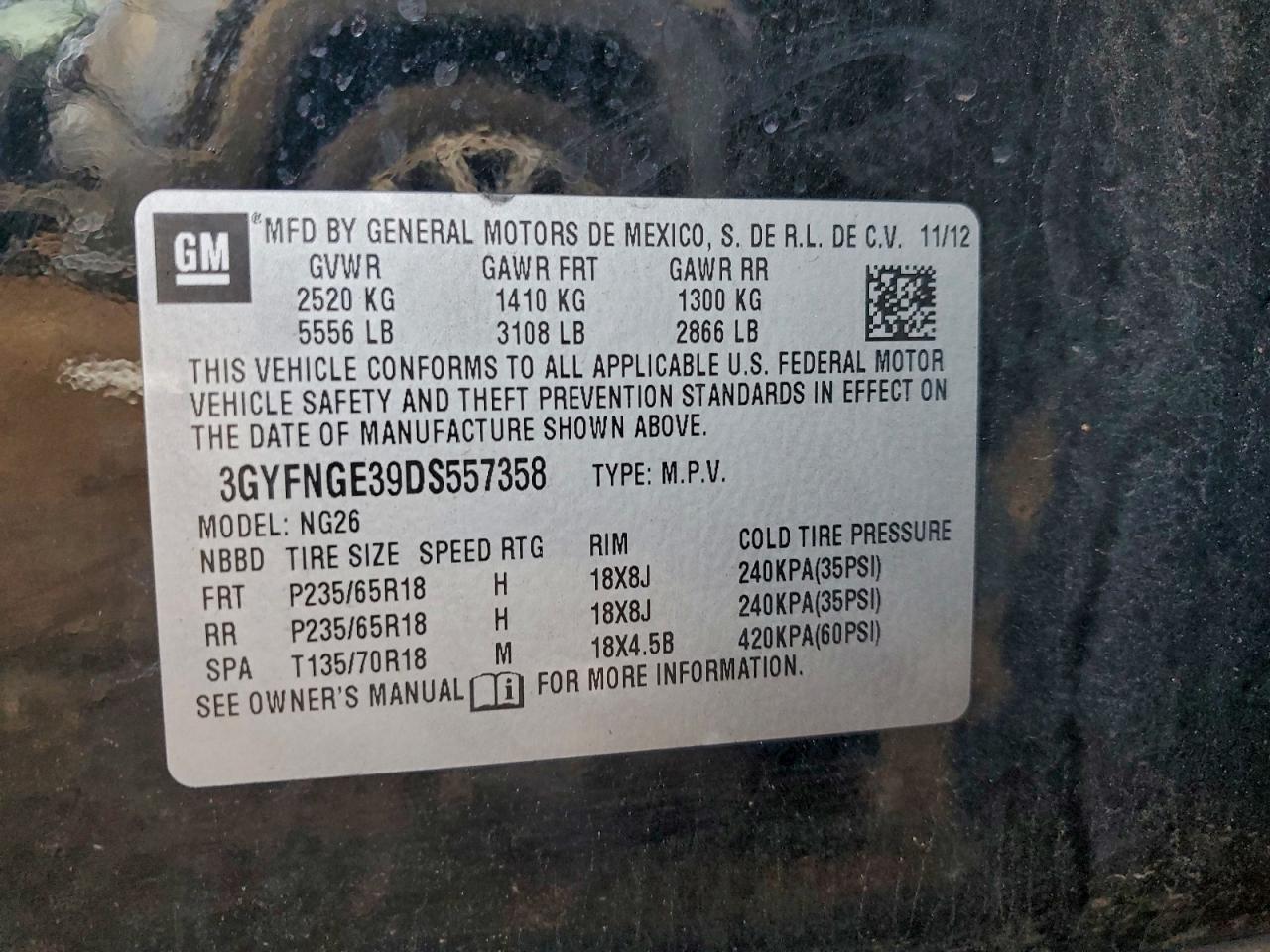 2013 Cadillac Srx Luxury Collection VIN: 3GYFNGE39DS557358 Lot: 93739285