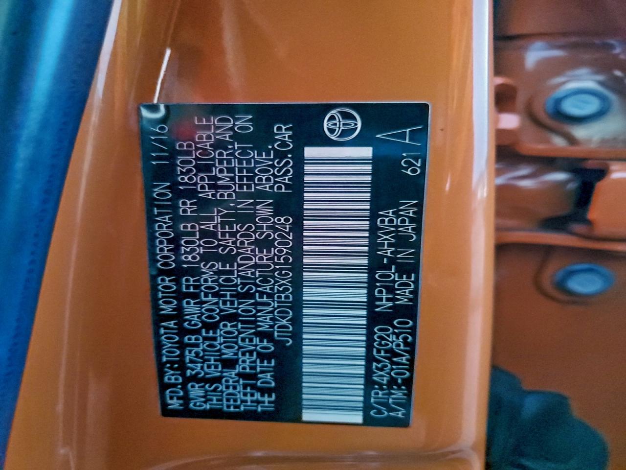 2016 Toyota Prius C VIN: JTDKDTB3XG1590248 Lot: 94725675