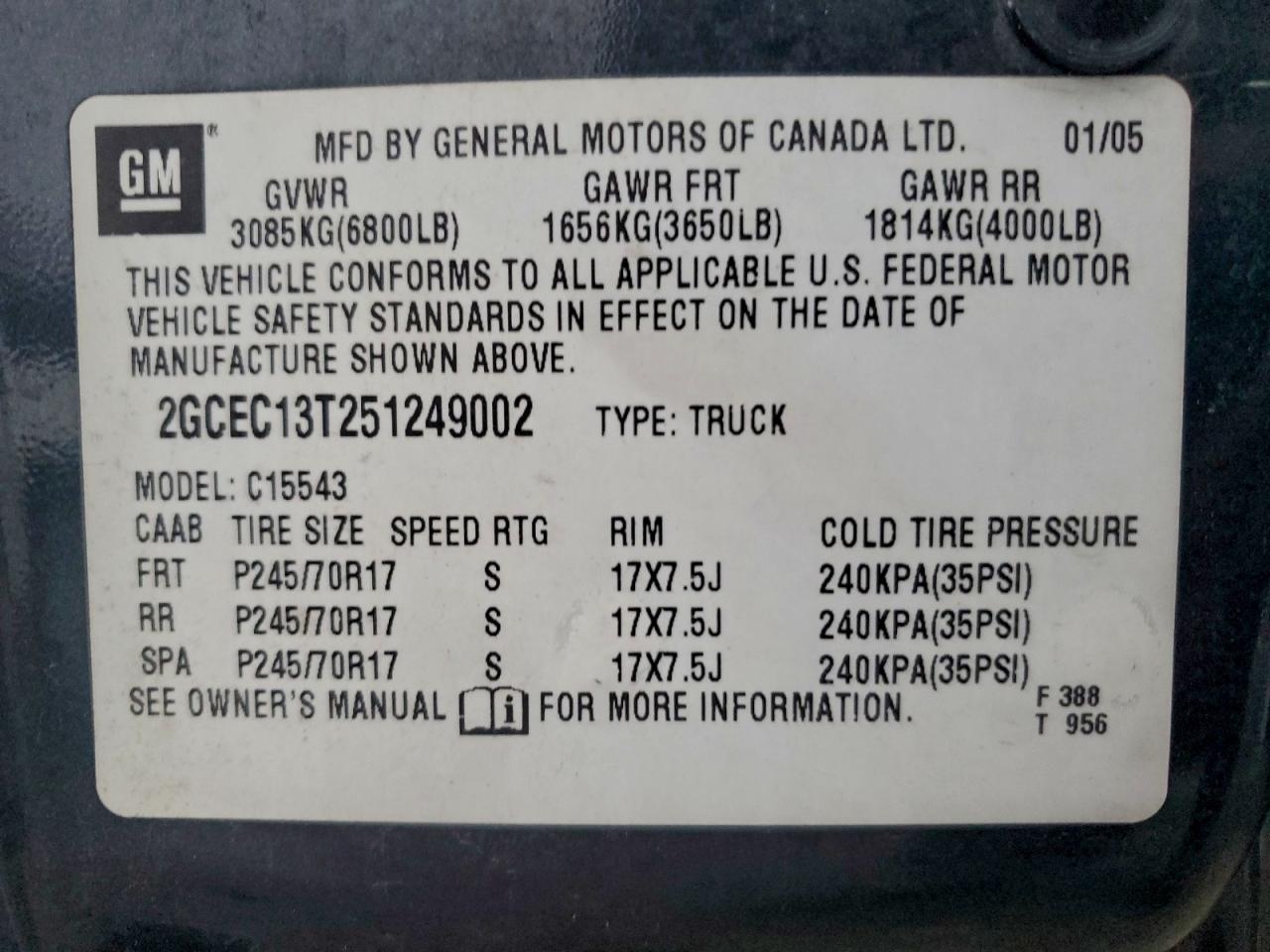 2005 Chevrolet Silverado C1500 VIN: 2GCEC13T251249002 Lot: 94497635