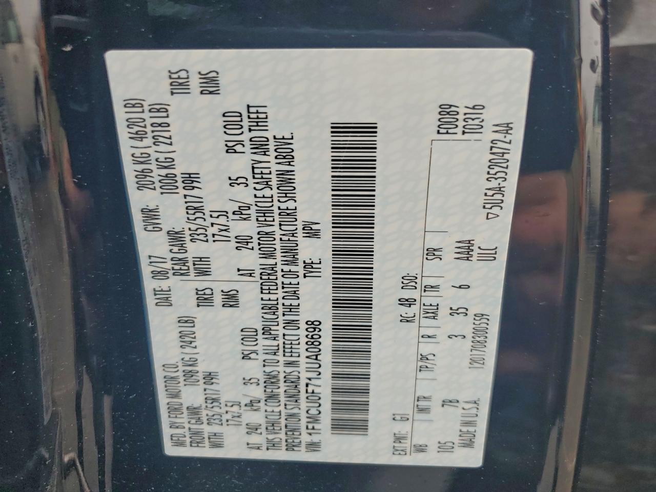 2018 Ford Escape S VIN: 1FMCU0F71JUA08698 Lot: 94030695