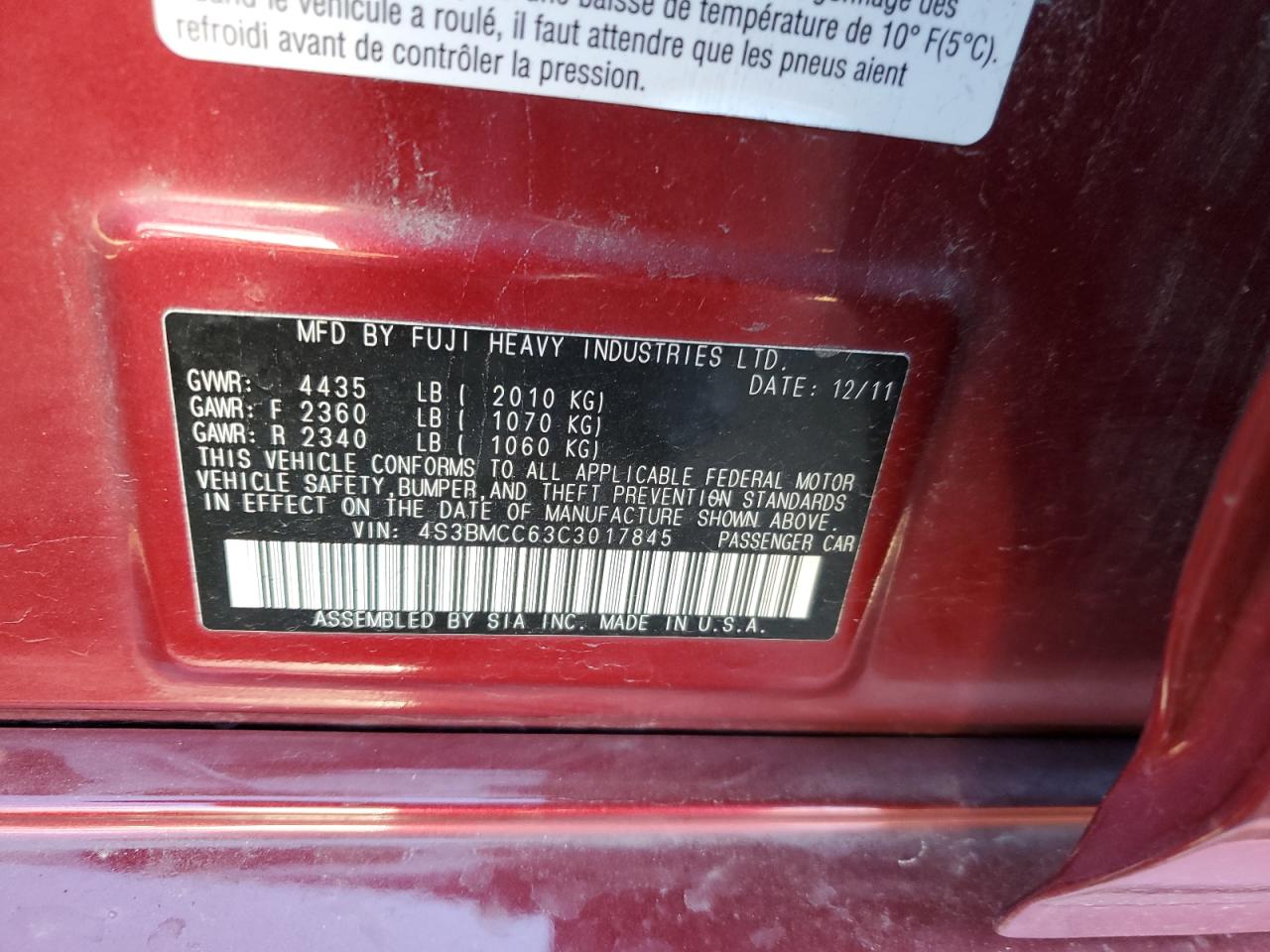 2012 Subaru Legacy 2.5I Premium VIN: 4S3BMCC63C3017845 Lot: 92462815