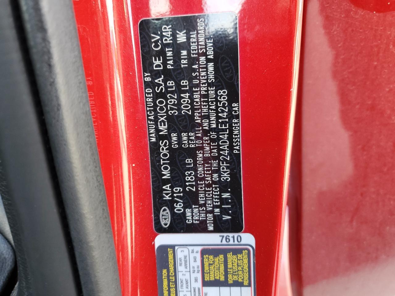 2020 Kia Forte Fe VIN: 3KPF24AD4LE142568 Lot: 93000685