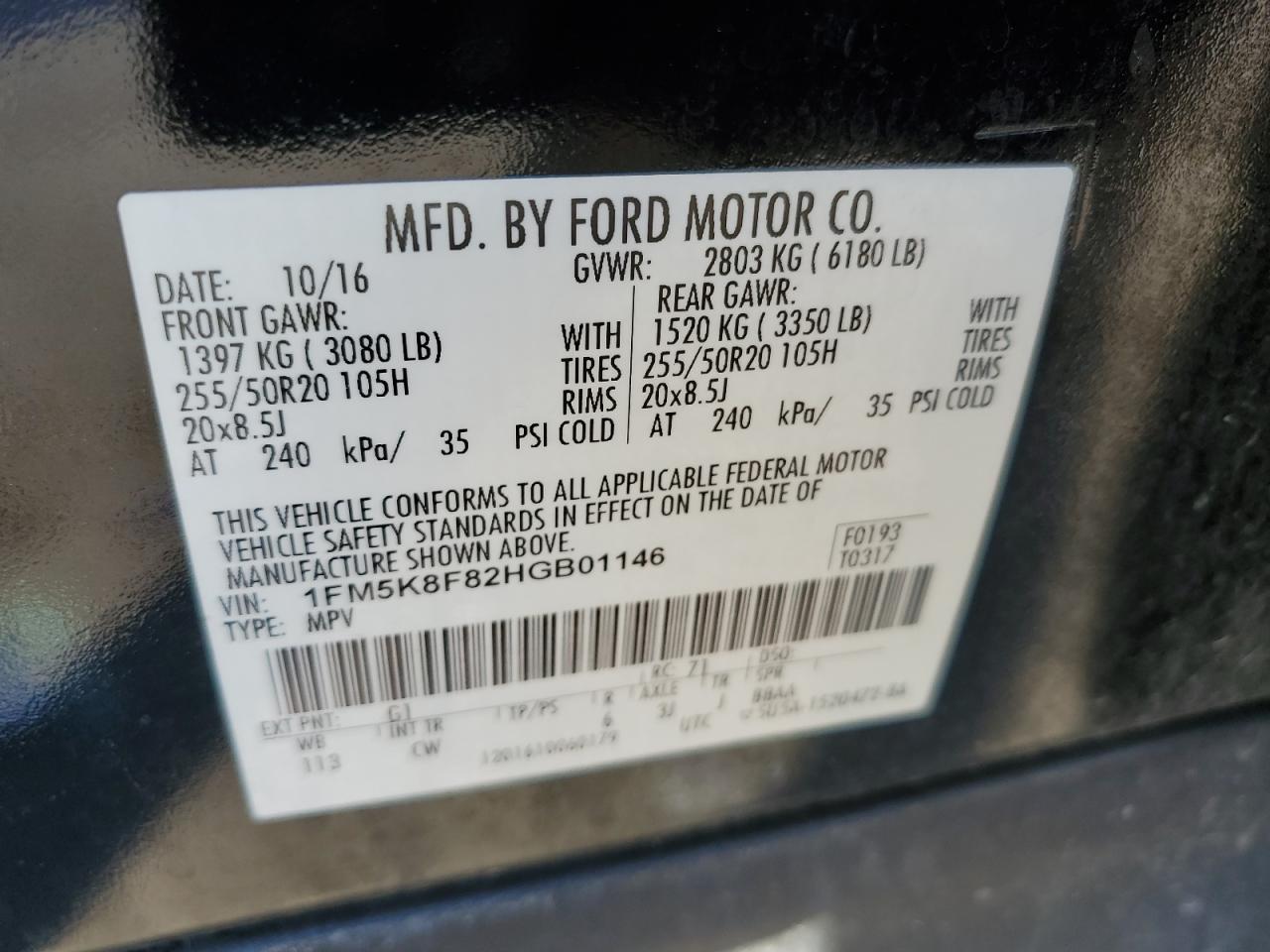 2017 Ford Explorer Limited VIN: 1FM5K8F82HGB01146 Lot: 93242585