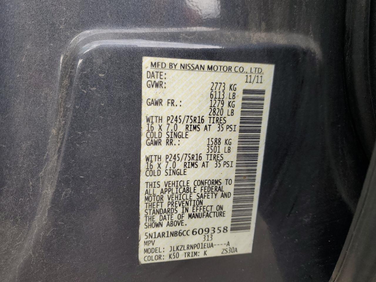 2012 Nissan Pathfinder S VIN: 5N1AR1NB6CC609358 Lot: 93007985