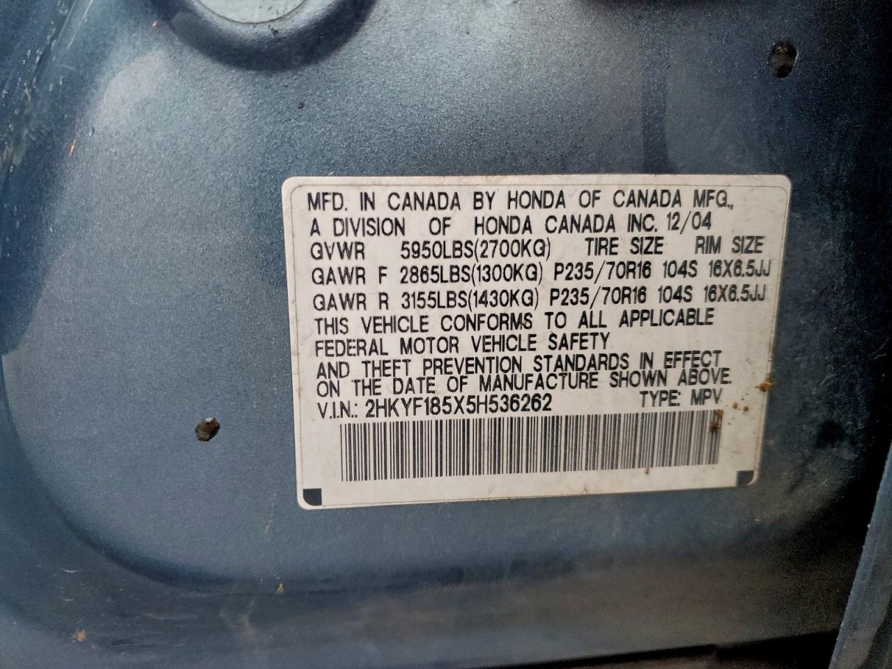 2005 Honda Pilot Exl VIN: 2HKYF185X5H536262 Lot: 92764375