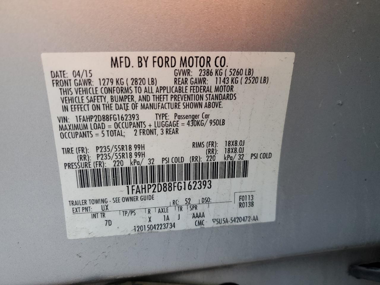 2015 Ford Taurus Se VIN: 1FAHP2D88FG162393 Lot: 93061975