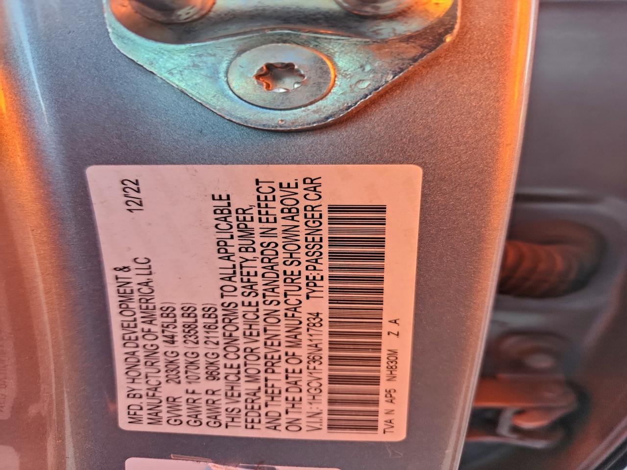 2022 Honda Accord Sport VIN: 1HGCV1F36NA117834 Lot: 94239185