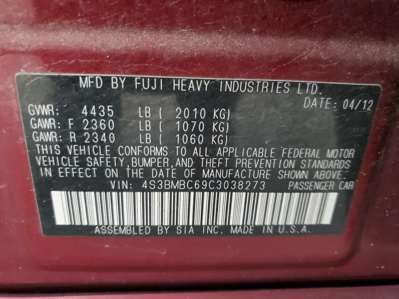 2012 Subaru Legacy 2.5I Premium VIN: 4S3BMBC69C3038273 Lot: 93262235