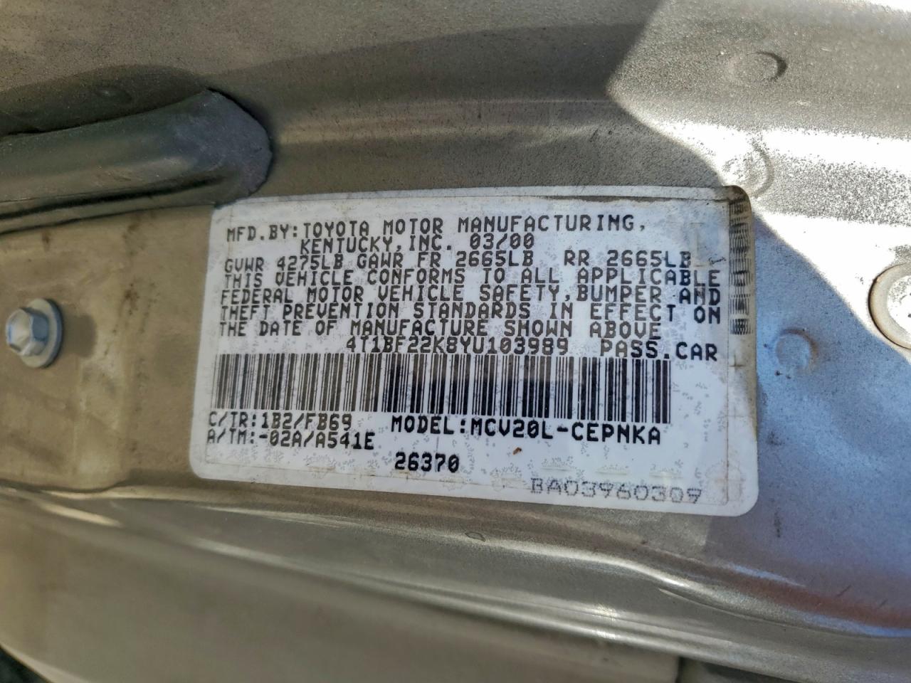 2000 Toyota Camry Le VIN: 4T1BF22K8YU103989 Lot: 93368285