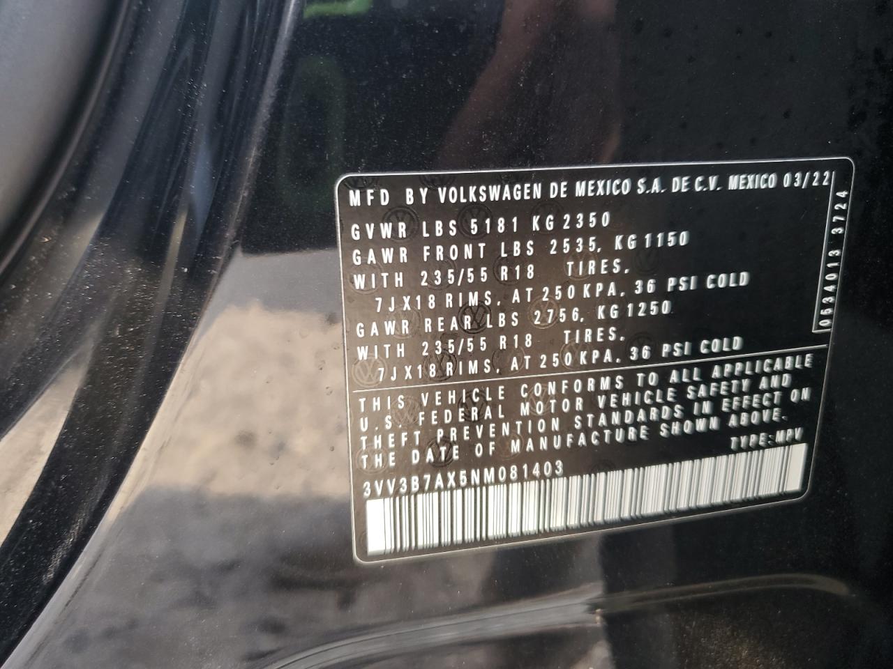 2022 Volkswagen Tiguan Se VIN: 3VV3B7AX5NM081403 Lot: 91866165