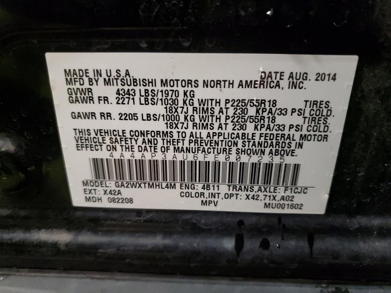 2015 Mitsubishi Outlander Sport Es VIN: 4A4AP3AU6FE007235 Lot: 92229185