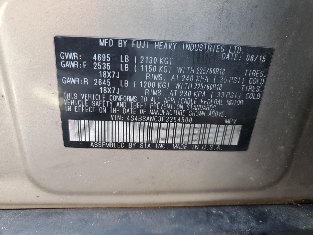 2015 Subaru Outback 2.5I Limited VIN: 4S4BSANC3F3354500 Lot: 91283735