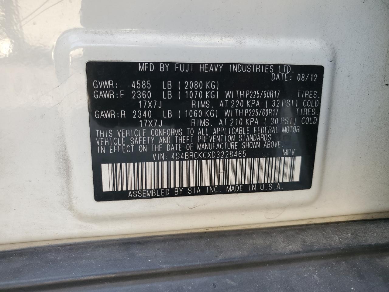 2013 Subaru Outback 2.5I Limited VIN: 4S4BRCKCXD3228465 Lot: 92612575